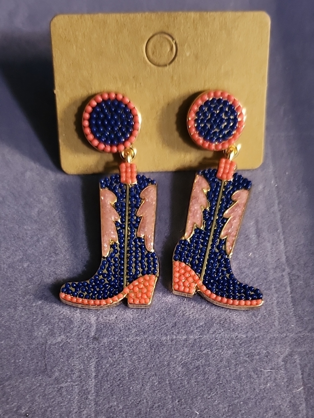 Beaded Navy and Pink Cowboy Boot Drop Earrings